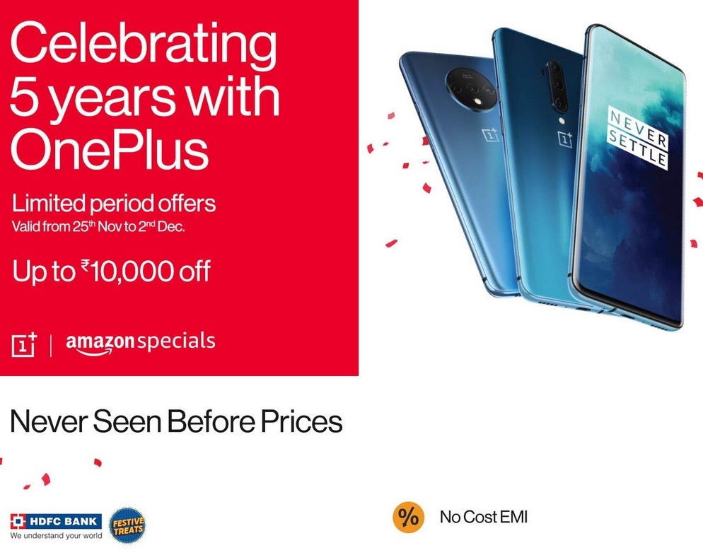 Amazon and Oneplus 5 years Partnership celebration - Get more price dropping, instant discount & bank offers on latest OnePlus product at Amazon