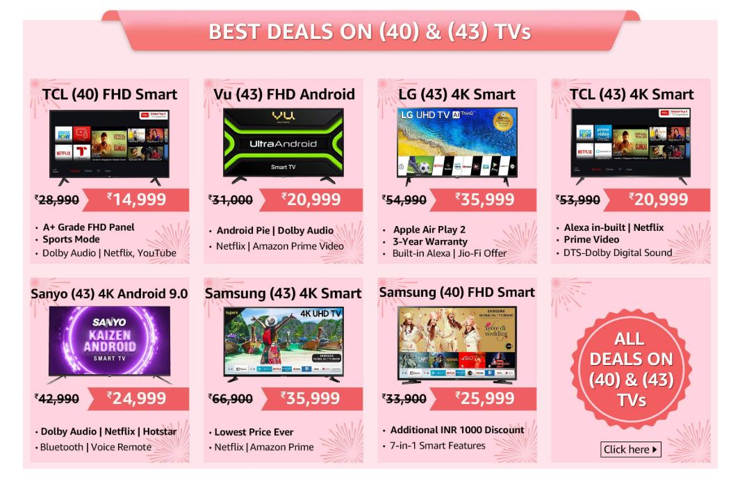 Amazon offer huge discount of 40 to 60 % on 40 and 43 inch TVs under the great Indian festival sale