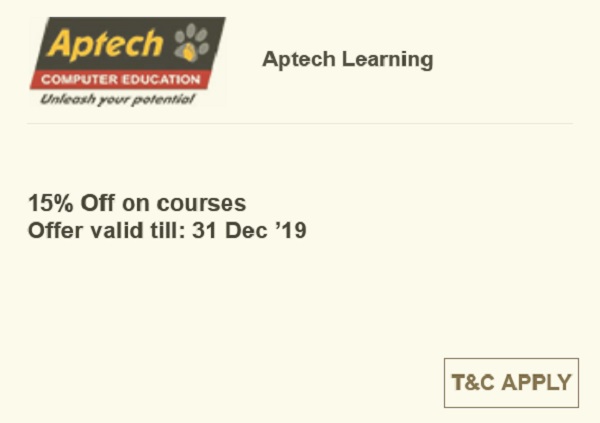 Aptech Computer education institute offers 15% off on the course fees if pay through the SBI Credit Card