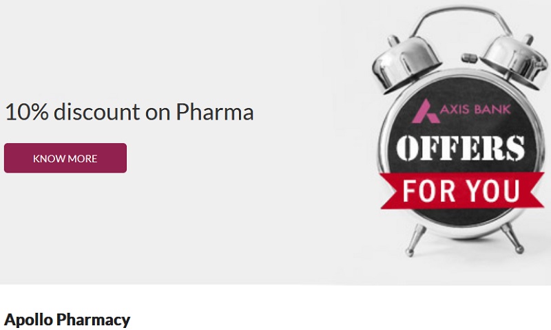 Axis Bank Offer at Apollo Pharmacy - Get 10% discount on Pharma product with Axis bank Credit and debit card