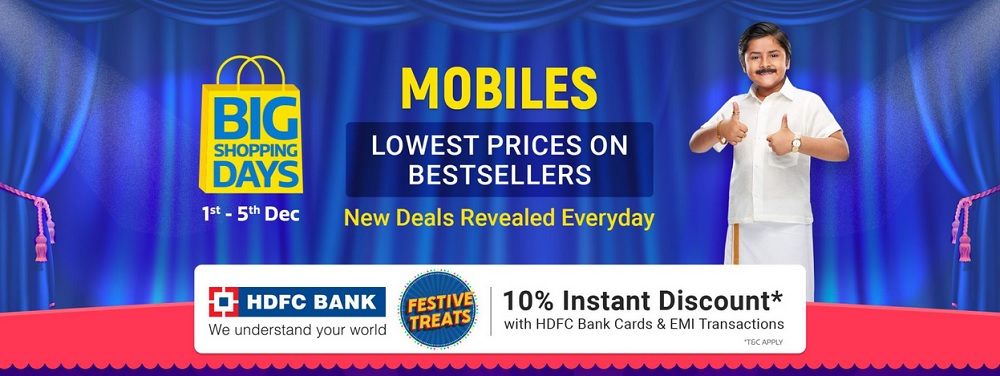 Flipkart Big Shopping days on Mobile - Buy a new mobile phone at the lowest price with 10% instant discount* from HDFC Bank cards transaction