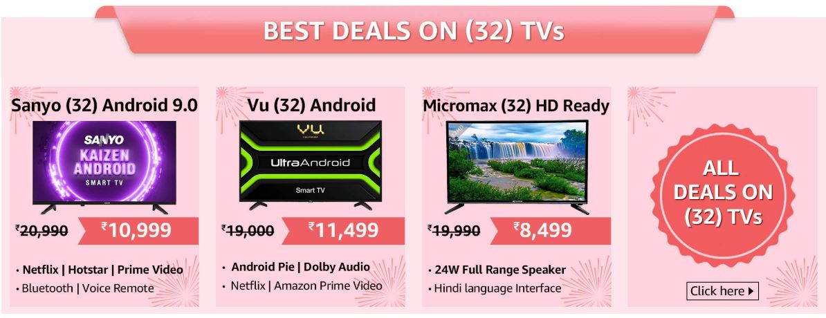 Get upto 40% off on 32 inch LED TVs on AMAZON under the Great Indian Festival sale