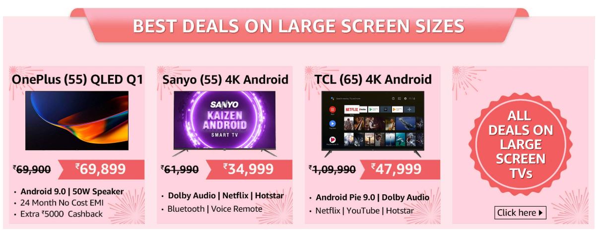 Grab 40% to 60% discount on large TVs on Amazon Under the great Indian Festival sale 2 