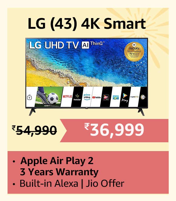 LG 43 Inch 4K Smart TV Only at Rs 36999 with Rs 14799 Exchange offer