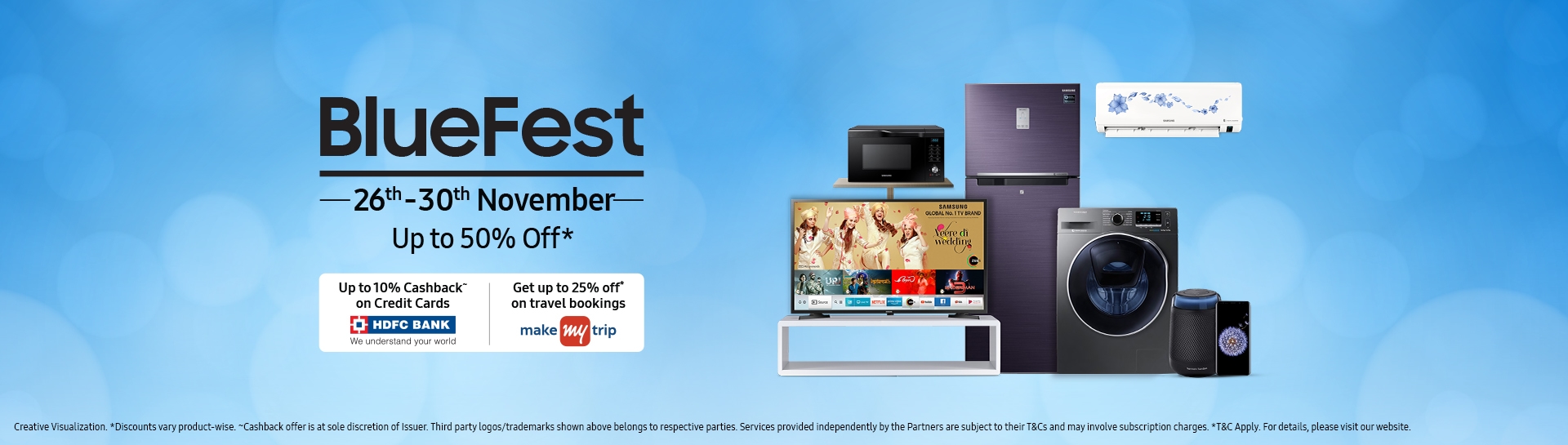 Samsung BlueFest Offer - Get up to 50% Off* & Win Cashback, Instant discount offer and Travel Vouchers