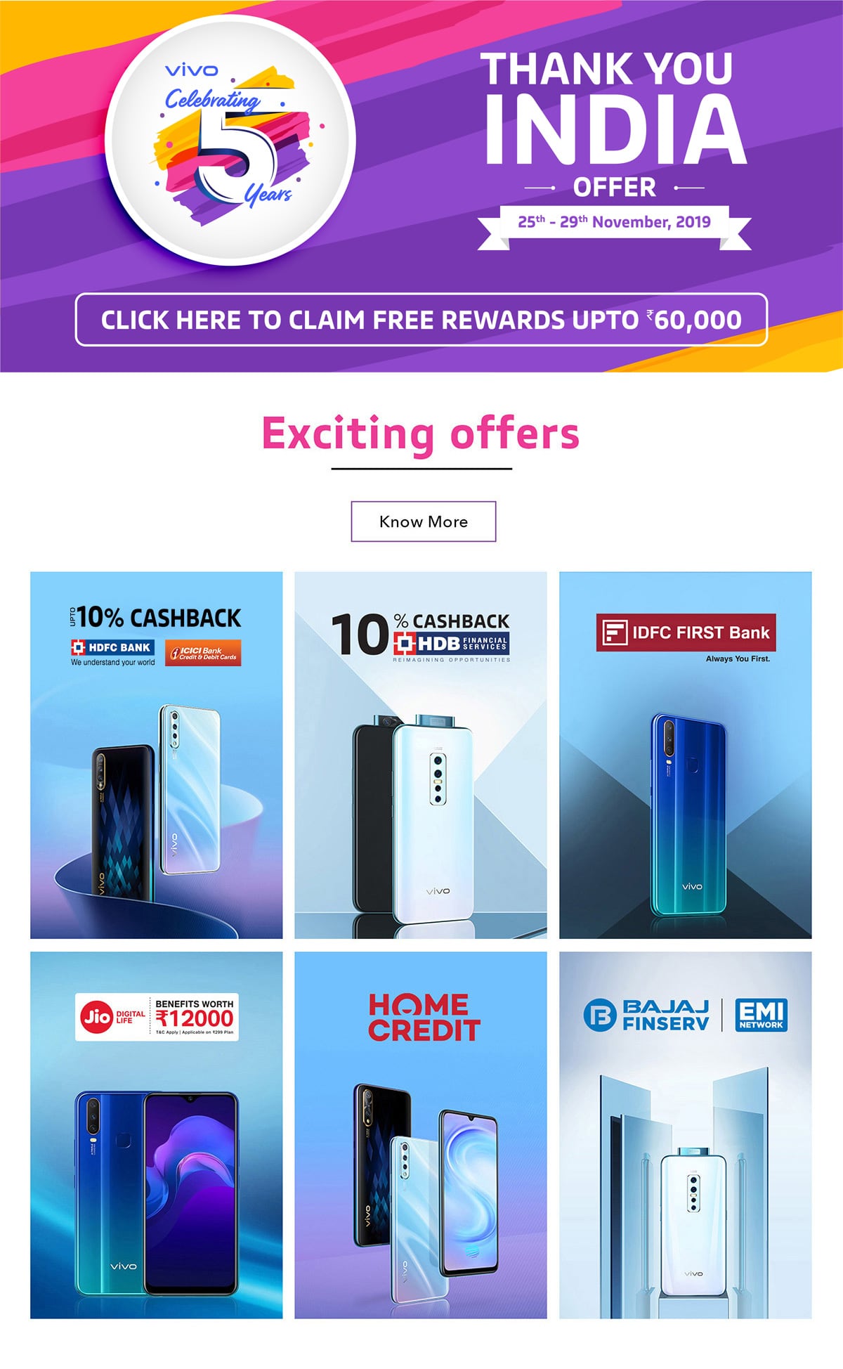 Vivo Celebrating Its 5th Anniversary In India & get Thank you India Offer: Providing Free coupons & accessories, Exchange & Discount offer, and more Subscription offer worth Rs. 60000